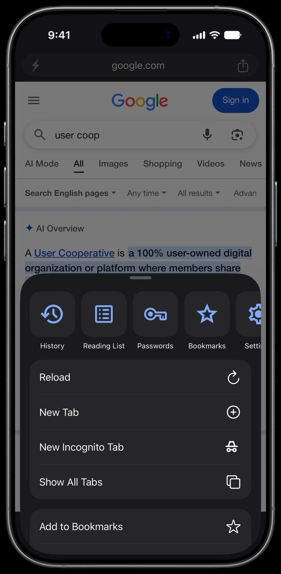 Surge for iPhone in dark mode: the three-dot menu sheet, rising from half height to full as the page scrolls