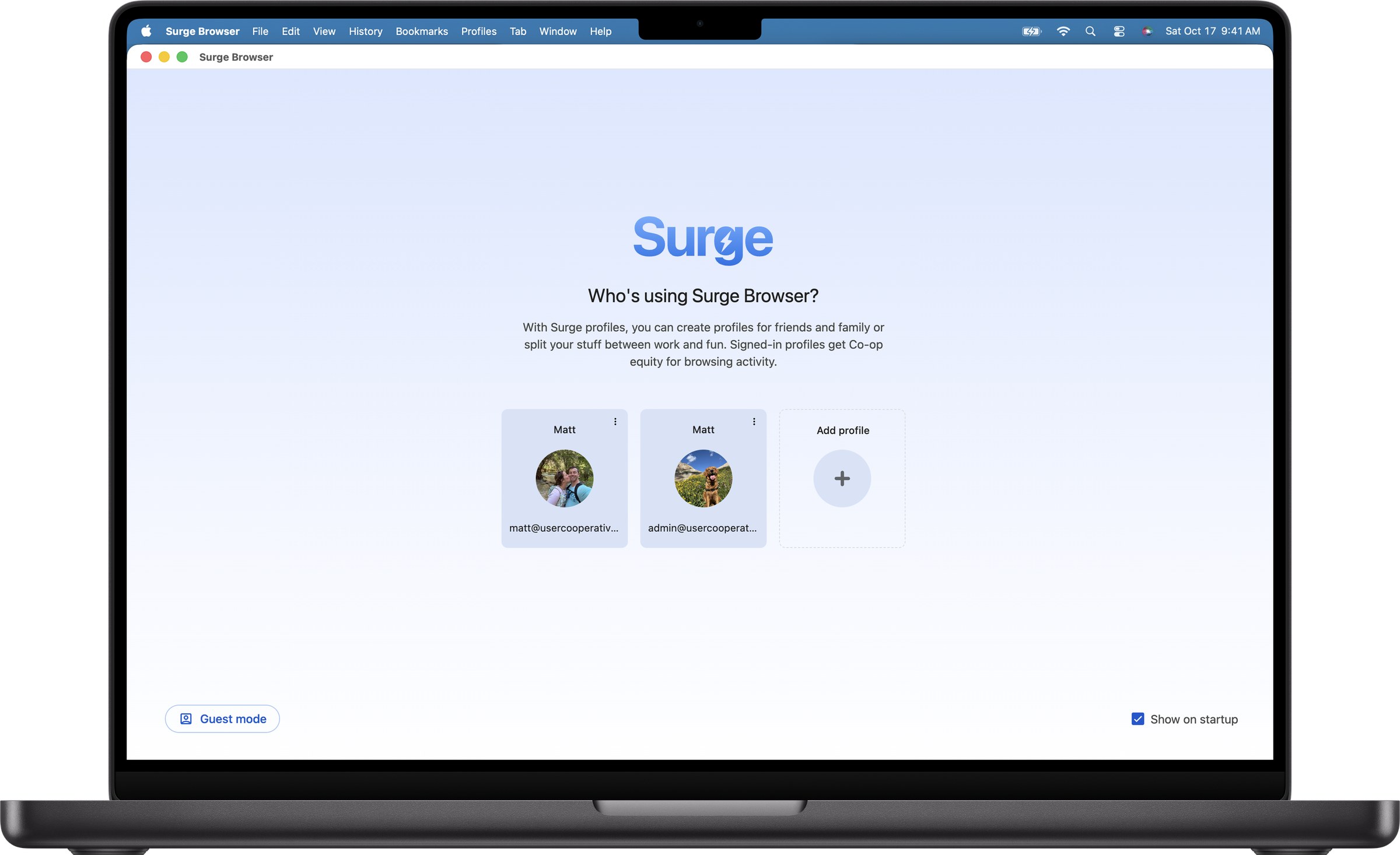 Surge’s member picker on a MacBook Pro: “Who’s using Surge Browser?” with a profile for each member